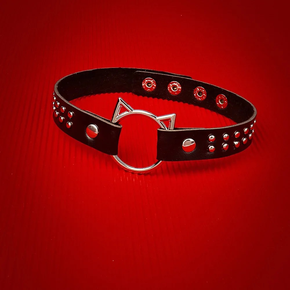 Punk Cat's head Retro Gothic Simple Fashionable Individuality Rivet Embed Leather PU Cortex Choker Pendant Collarbone chain
