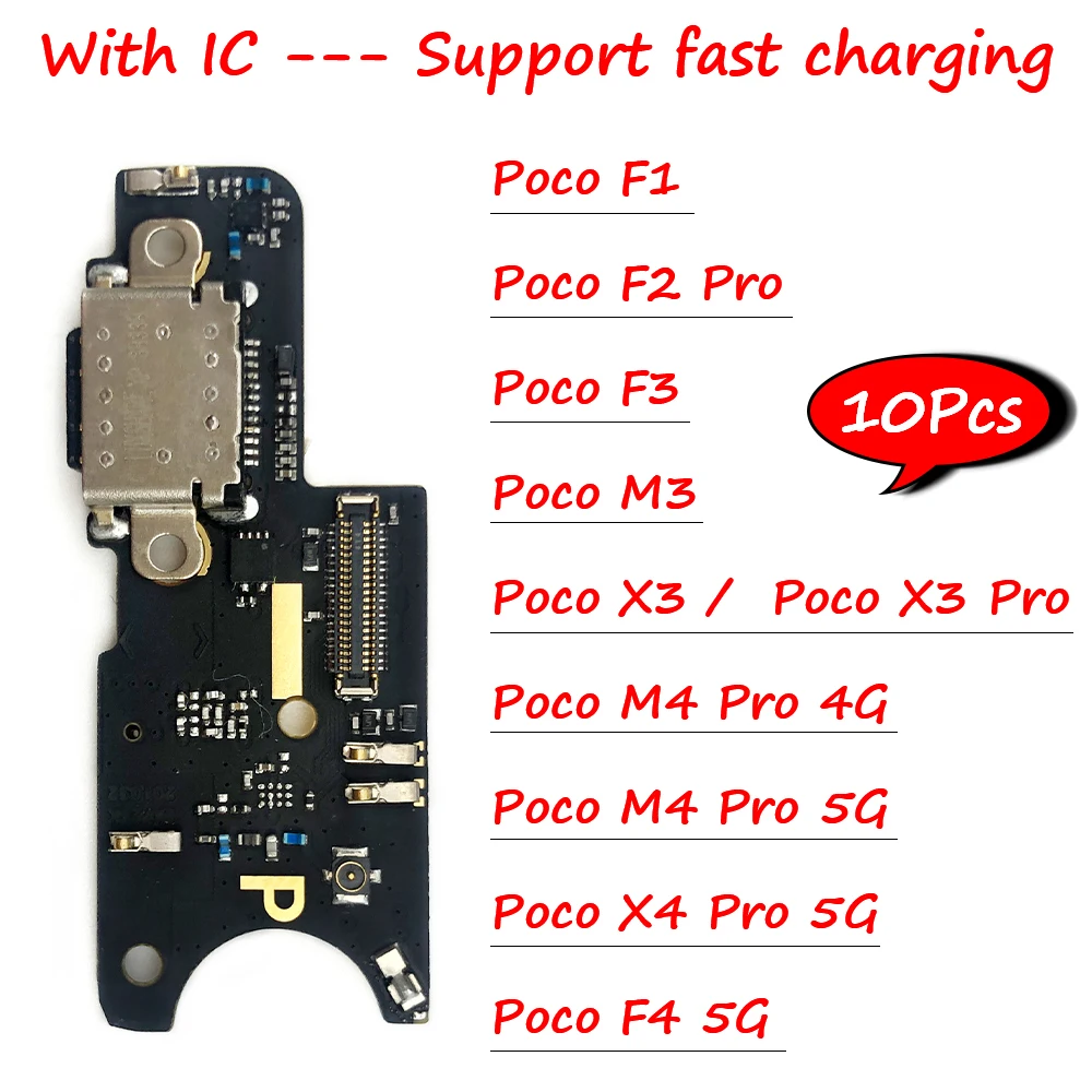 10Pcs，USB Charging Port Dock Connector Microphone Board Flex Cable For Xiaomi Poco C40 F2 Pro F3 F1 X3 Pro M4 X4 Pro 4G F4 5G M2