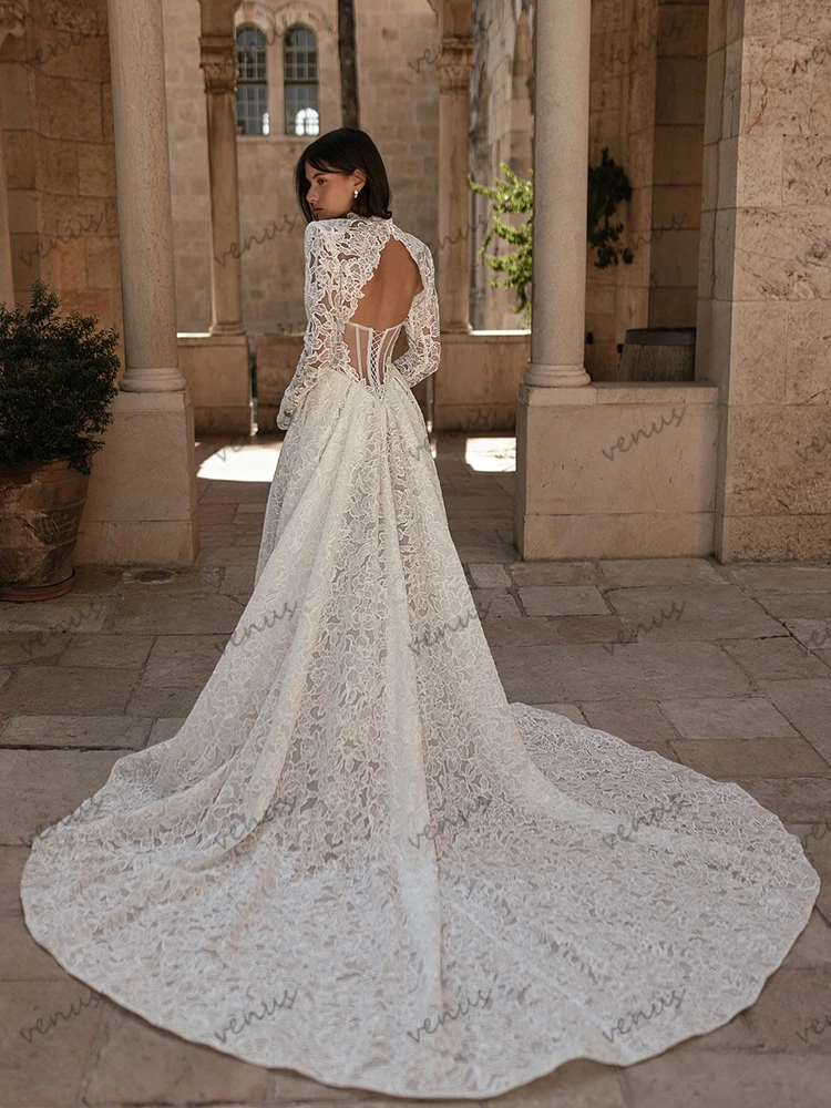 فساتين زفاف براقة ألف خط زي العرائس الفاخرة مثير عالية الشق الجلباب كامل الأكمام سترة Vestidos De Novia مخصصة 2025