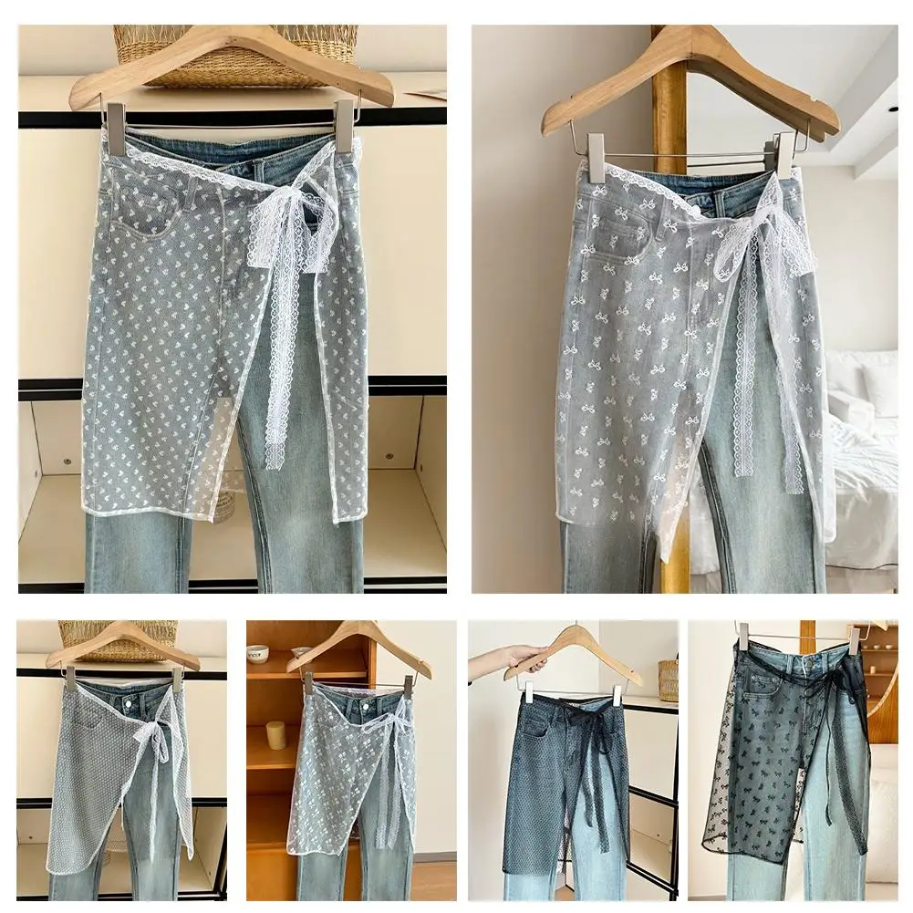 Lace Layered Gauze Skirt Spring Summer Gauze Skirt Tie Up Y2k Wrap Up Matching With Lace Apron Skirt Streetwear Pants