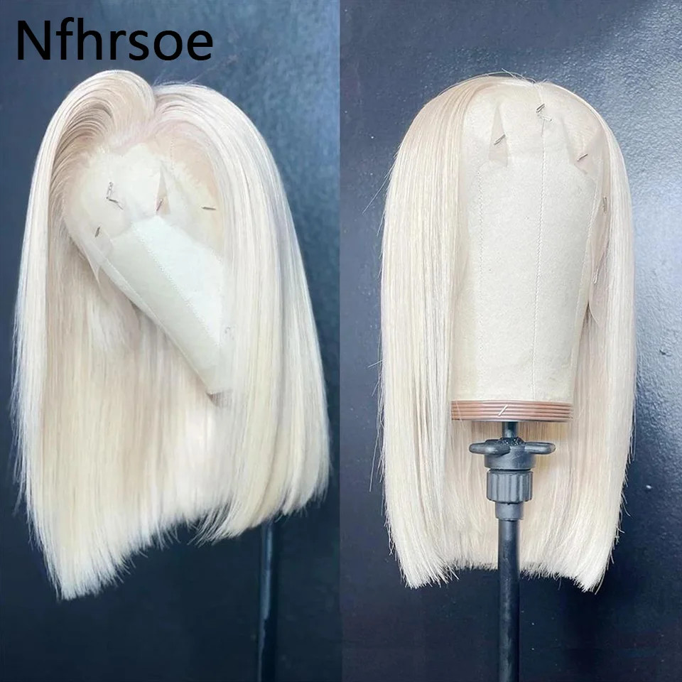 Peluca de cabello humano liso con encaje Frontal, pelo corto Bob, color platino 60, 13x4, 180%, blanco, Rubio, HD