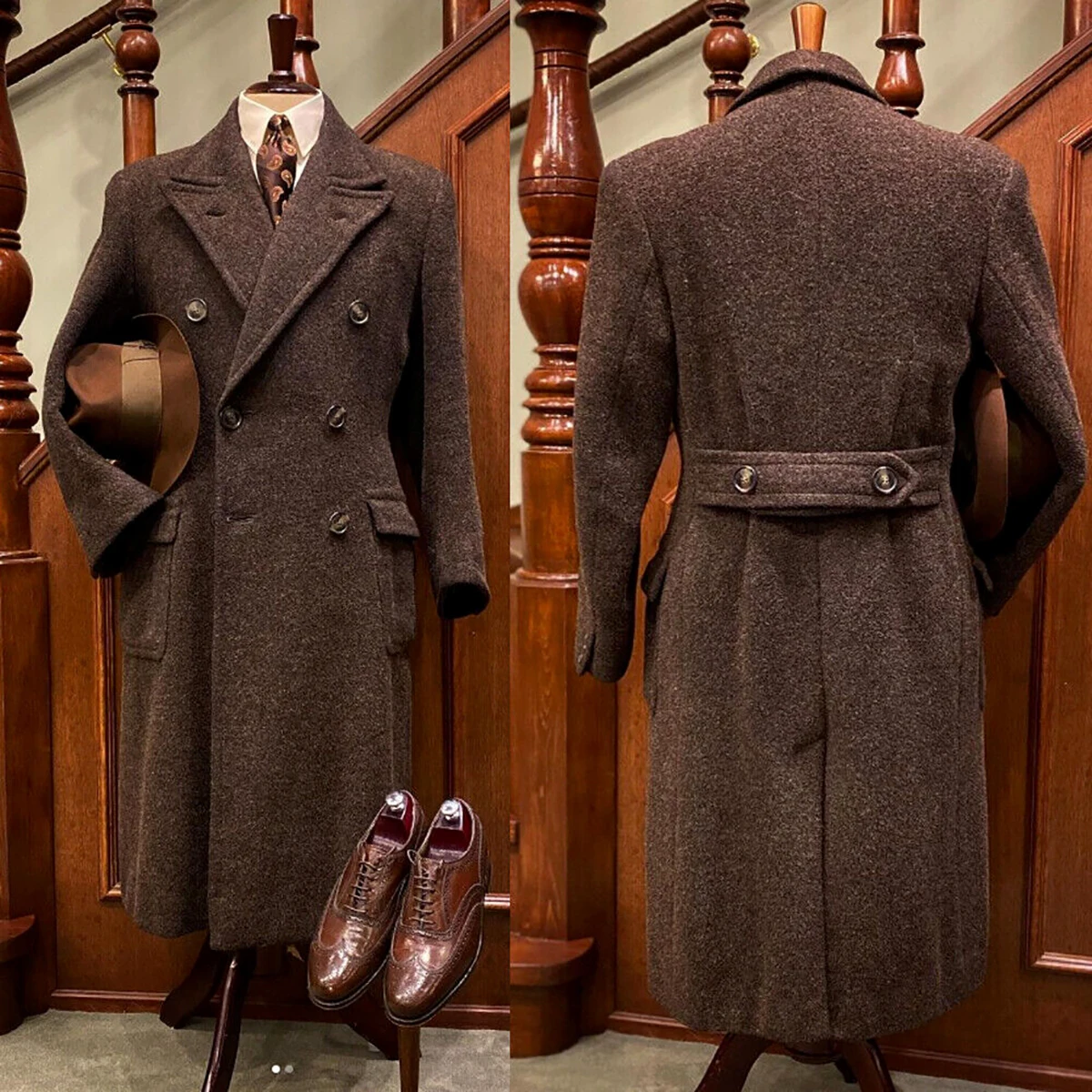 Vintage Men's Tweed Long Overcoat Wool Cotton Peak Lapel Suits Double Breasted 1 Piece Coat Custom Size