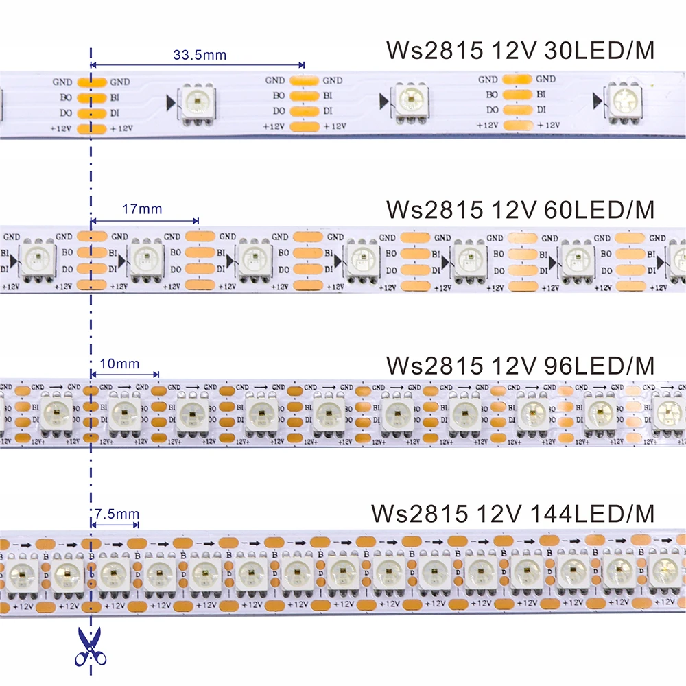 WS2815 color-changing LED strip light with dual signals. It operates at DC12V, features flexible and individually addressable sm