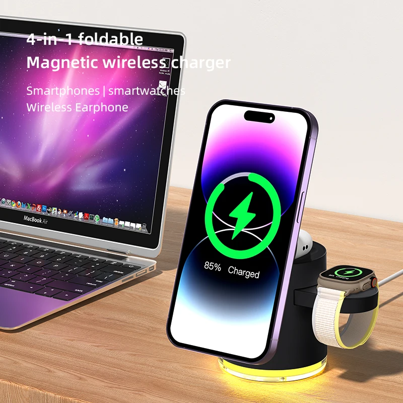 15W Magnetic Wireless Charger for iPhone15 14 13 12 Pro Samsung/Apple Watch Airpods Fodable 3 in 1 Charging Station Travel Dock
