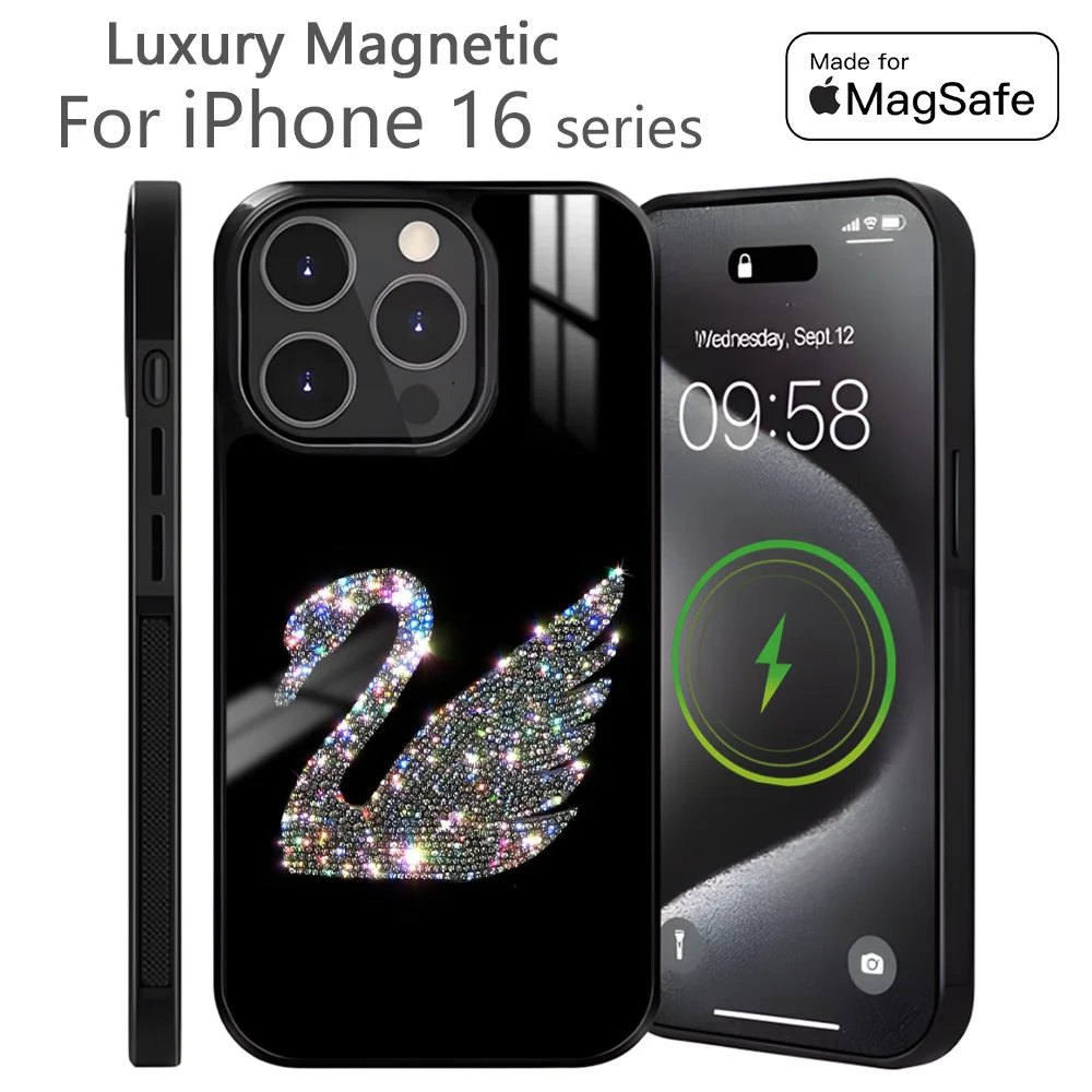 

Luxury Diamond swan Phone Case For iPhone 16 15 14 13 12 11 Pro Max Plus Mini Magnetic Magsafe Wireless Charging Cover