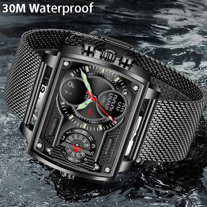 Top Brand FOXBOX Classic Square Fashion For Men Watches 30M Waterproof Sports Watch Double Display Digital Quartz Wrist Watch