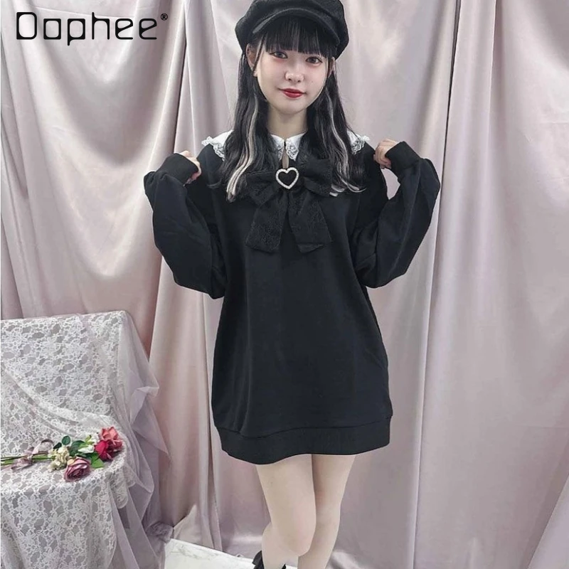 

Rojita Lace Collar Rabbit Ears Bow Hoodies 2024 Autumn Loose Sweet Ladies Mine Mass-Produced Long Sleeve Mid-length Sweatshirts