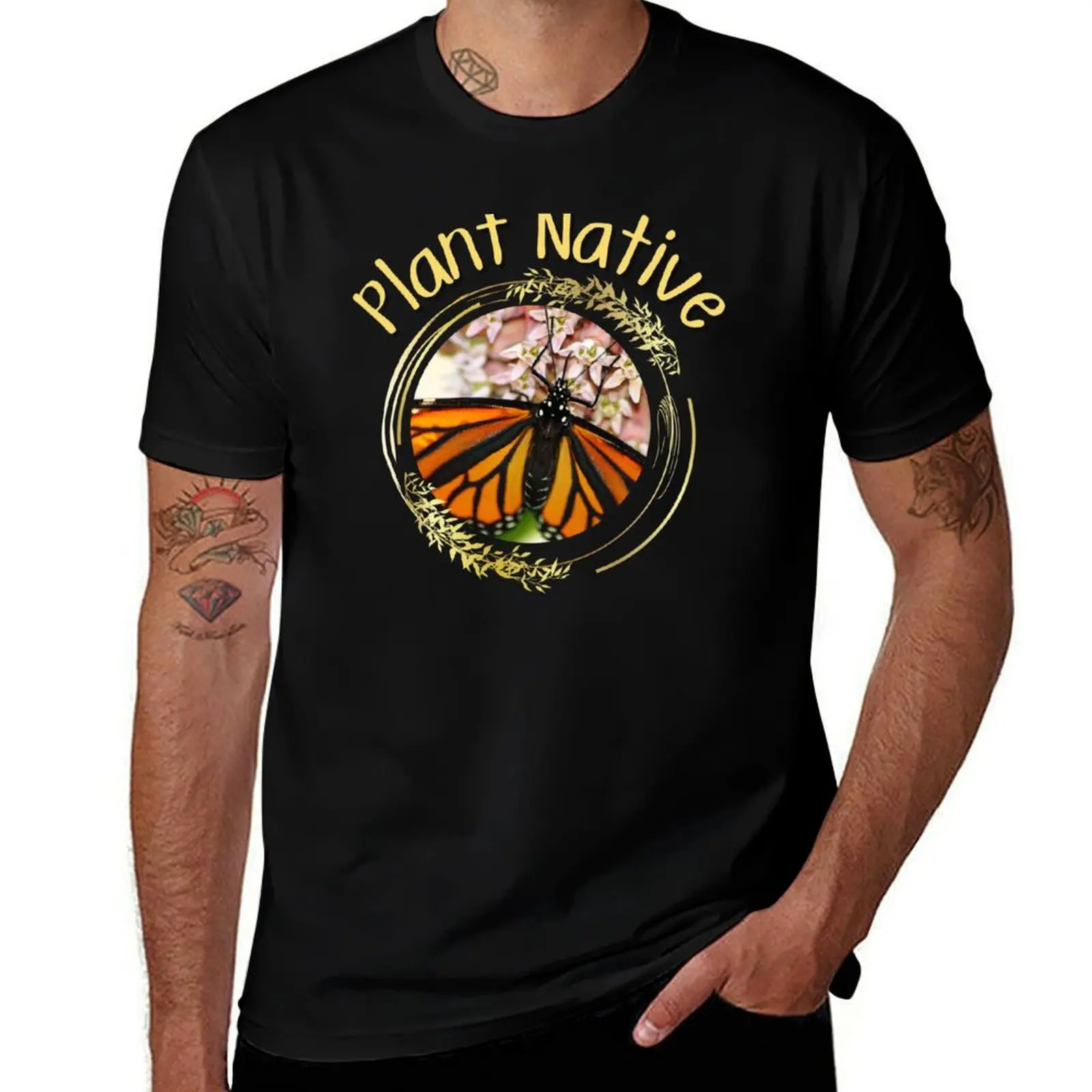 Plant Native Monarch Butterfly Colorful Design T-Shirt Modern Print Casual T-Shirt
