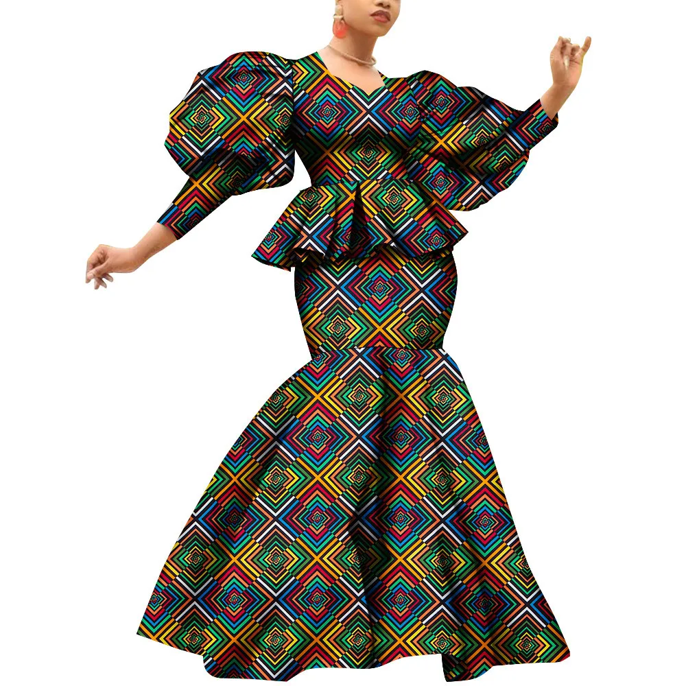 

2pcs Flare Long Sleeve Skirt for Women Party Wedding Casual Date Dashiki African Women Top and Skirt Set African Clothes