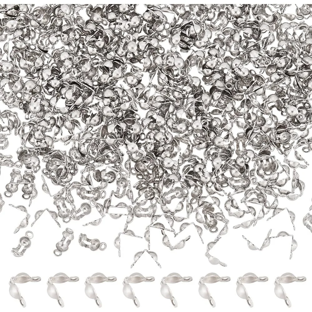 About 500pcs Stainless Steel Bead Tips Calotte Ends Clamshell Knot Cover Fold-Over Bead Tips for Jewelry Craft Making Stainless