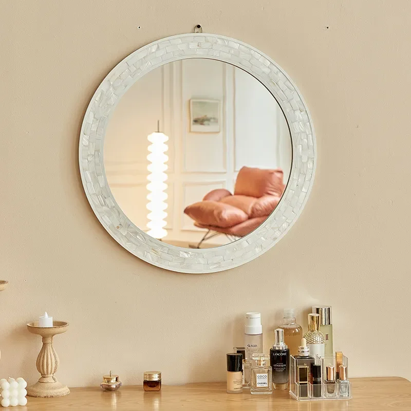 White Butterfly Shell Round Bathroom Mirror High End Wall Hanging Decorative Entrance Villa Clubhouse Wall Sticker