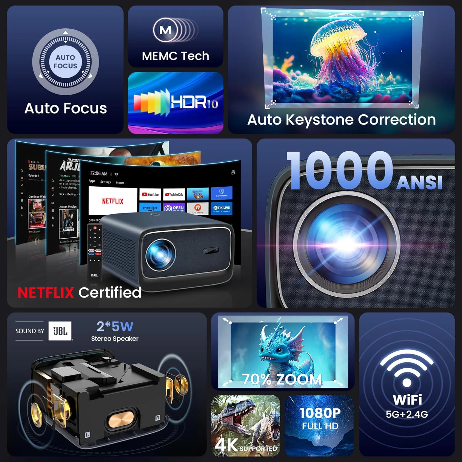 التطبيق العالمي Wupro/OEM K2 السينما المنزلية 4K دعم جهاز عرض ذكي مكبر صوت مدمج 1000 ANSI لومينز التركيز التلقائي LCD الألعاب العارض #2