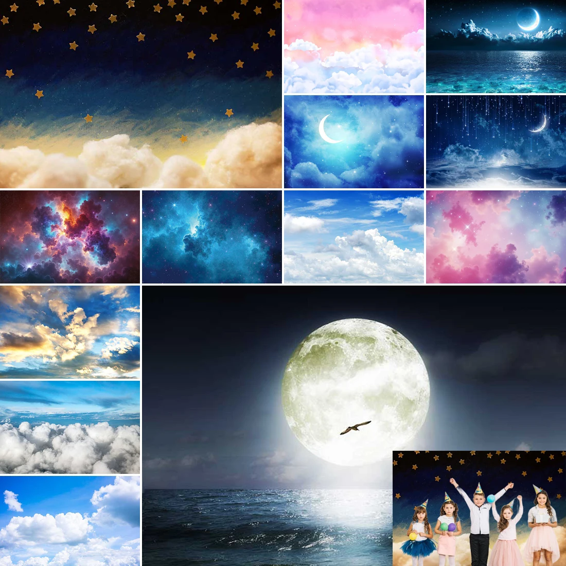 

MOON.QG Clouds Girls Cake Smash Backdrop Baby Kids Birthday Photography Background Twinkle Moon And Star Baby Shower Decor