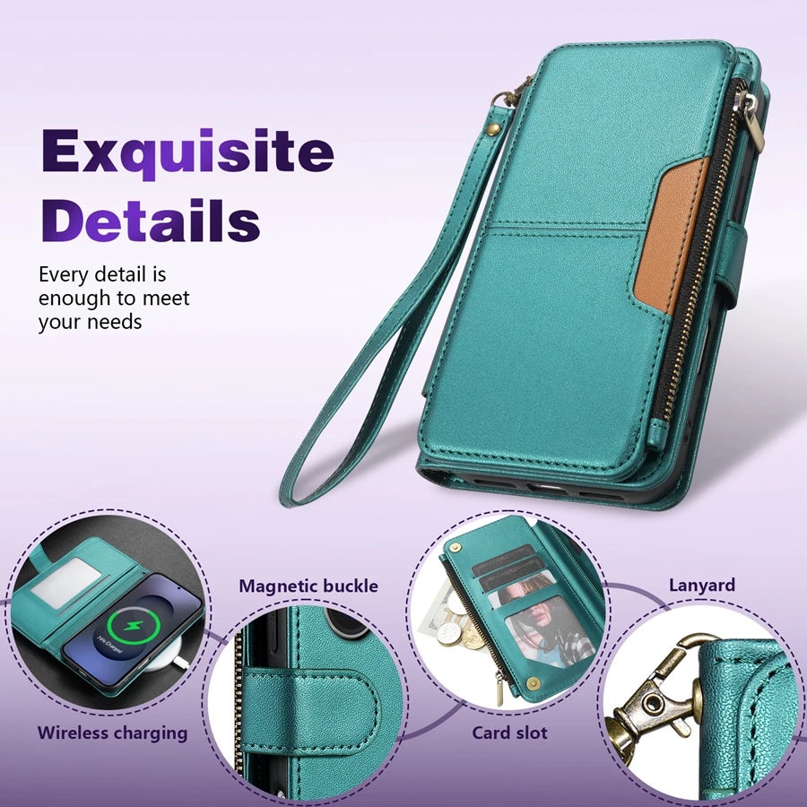Portemonnee met meerdere kaartsleuven, ritssluiting, standaard, magnetische flip-leren hoes voor Samsung Galaxy S26 Ultra S25 FE S24 Plus S23 S22 S21 S20 - afbeelding 1