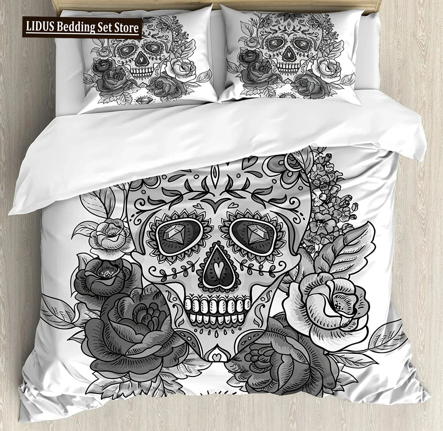 

Sugar Skull Duvet Cover Set, Monochrome Skull With Roses Leaves And Diamond Shape Folklore Festival Print,Decorative Bedding Set