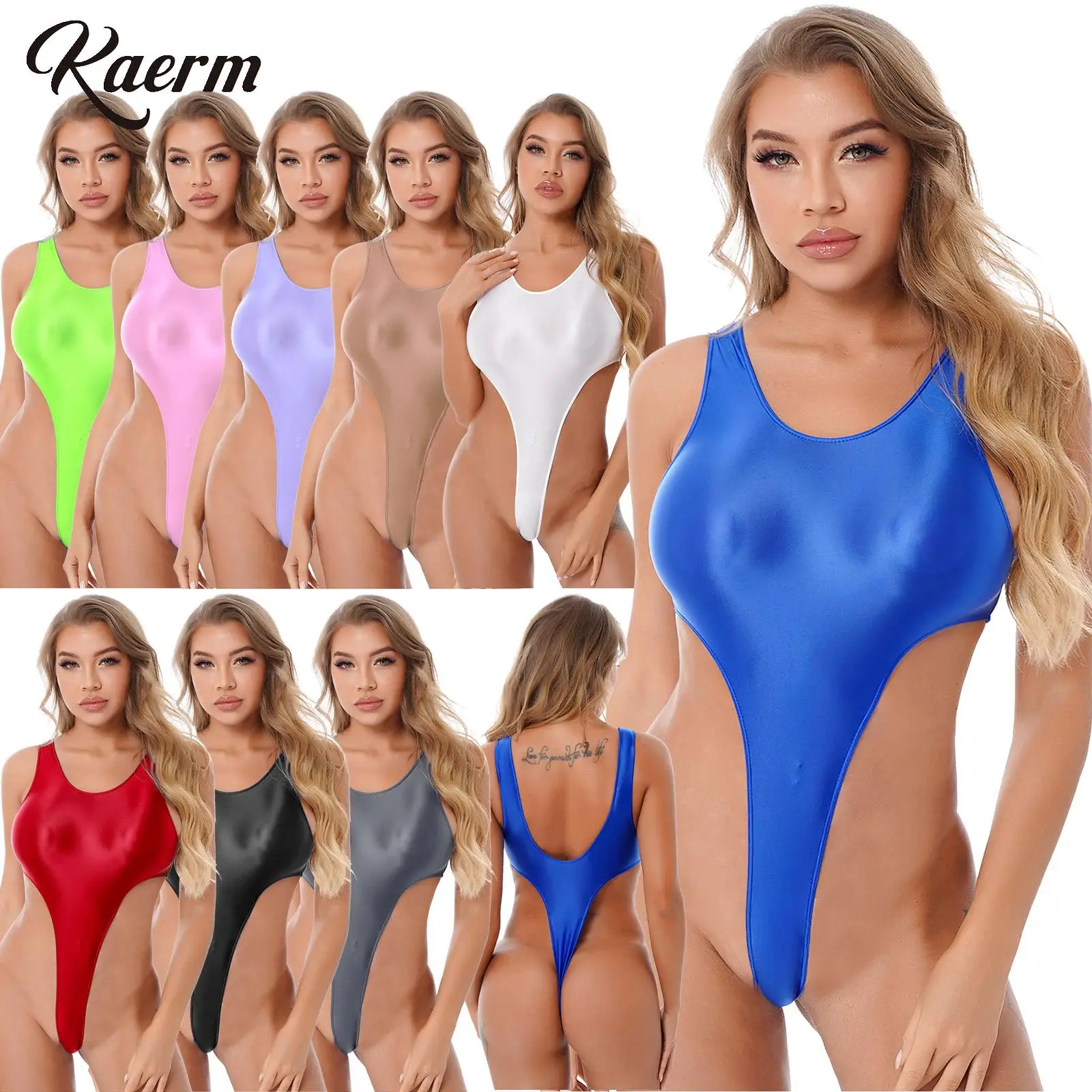 Women's Solid Color High Cut Sexy One Piece Bodysuit Beach Swimwear Glossy U Back Jumpsuit Rave Party Pole Dance Teddies