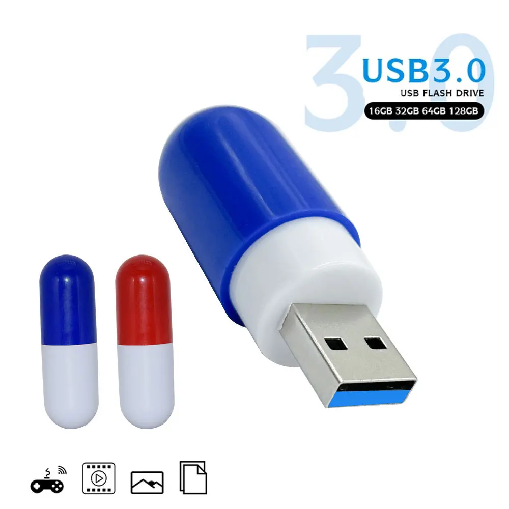 Modelo de pílula Flash Drive, Pendrive plástico, USB Stick 3.0, Memory Stick, 128GB, 64GB, 32GB, 16GB, 8GB