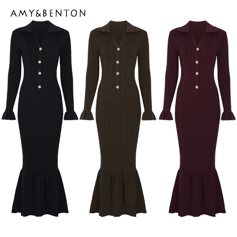 

European American Design Fashion Knitted Turn-Down Collar Women's Dress Spring New Slimming Mermaid Long Sleeve Dresses Ladies