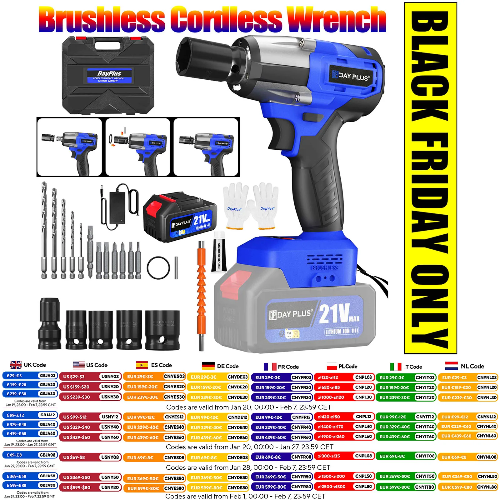 

DayPlus 3 IN 1 Cordless Electric Impact Wrench Power Tool Stepless Speed Control 21V Brushless Wrench Drill Socket 3.0AH Battery