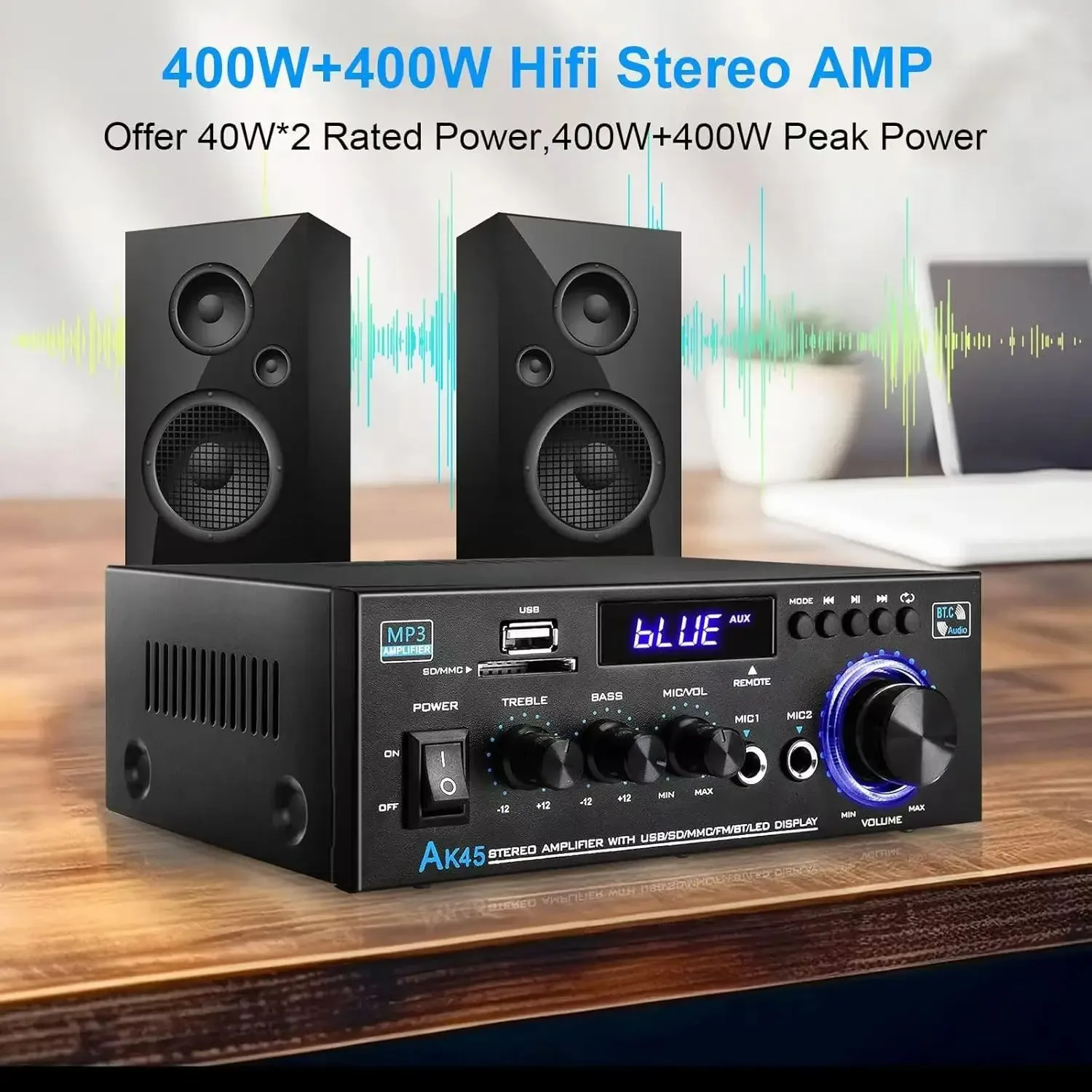 

AK45 2-канальный стереоусилитель Bluetooth с USB SD AUX FM-входом ЖК-дисплей Микрофонный вход Пульт дистанционного управления