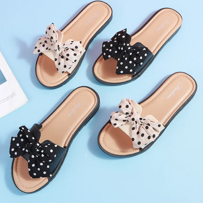 Summer 2024 New Women Slippers Female Wave Dot Bow Knot Flip Flops Ladies Indoor and Outdoor Wear Beach Fashionable Sandals