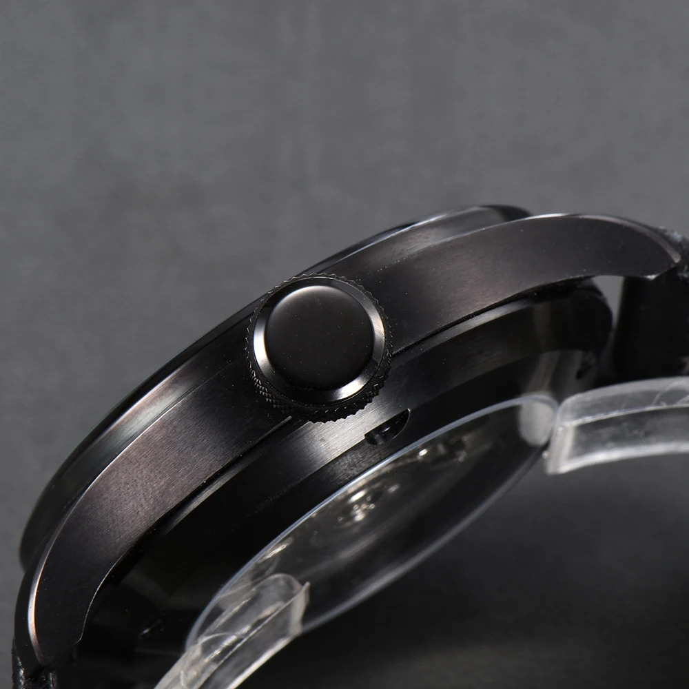 Parnis 46,5 mm in acciaio inossidabile PVD cassa nera cinturino in pelle orologi da polso da uomo