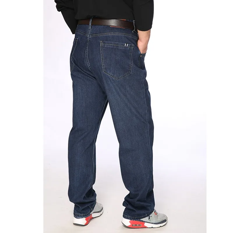 Hochgeschnittene dunkelblaue Stretch-Unterhosen für Männer in Übergröße 52-58, für große und kräftige Personen, Jeanshosen, lange Hosen. – Detail 14