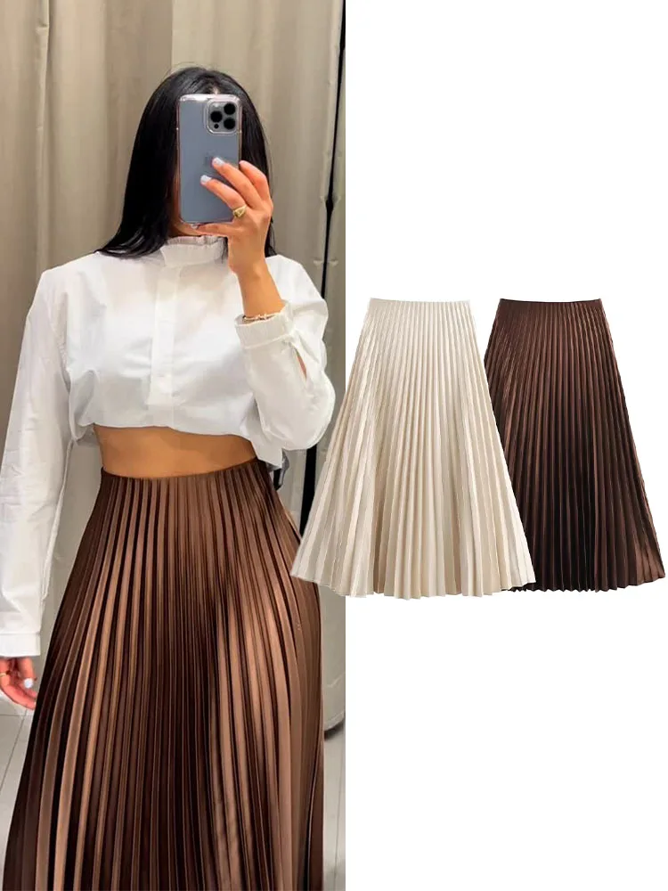 

TRAFZA Women Summer Fashion High Street Side Zipper Mid-Slouch A-Line Long Skirt Solid 2-Color Female Fold Midi Skirts Mujer