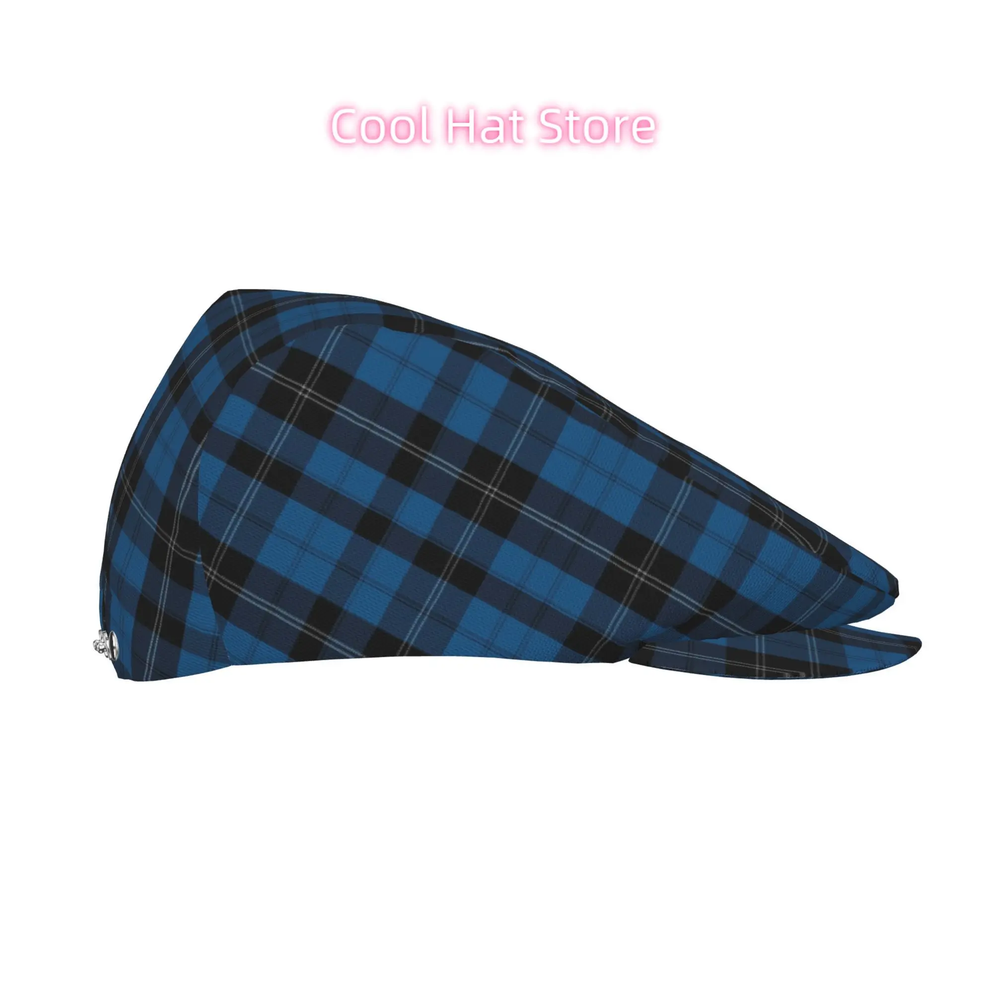 Adjustable Flat Cap for Men And Women Featuring a Symmetrical Blue, Black, And White Tartan Design, Suitable for Various Occasio