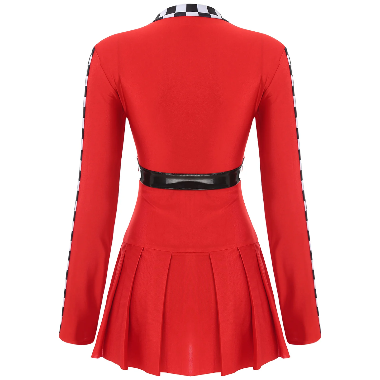 Womens Cheerleader Uniform Checkerboard Racer Cosplay Dress with Belt Long Sleeve Front Zipper Pleated Skirt Racing Driver Dress