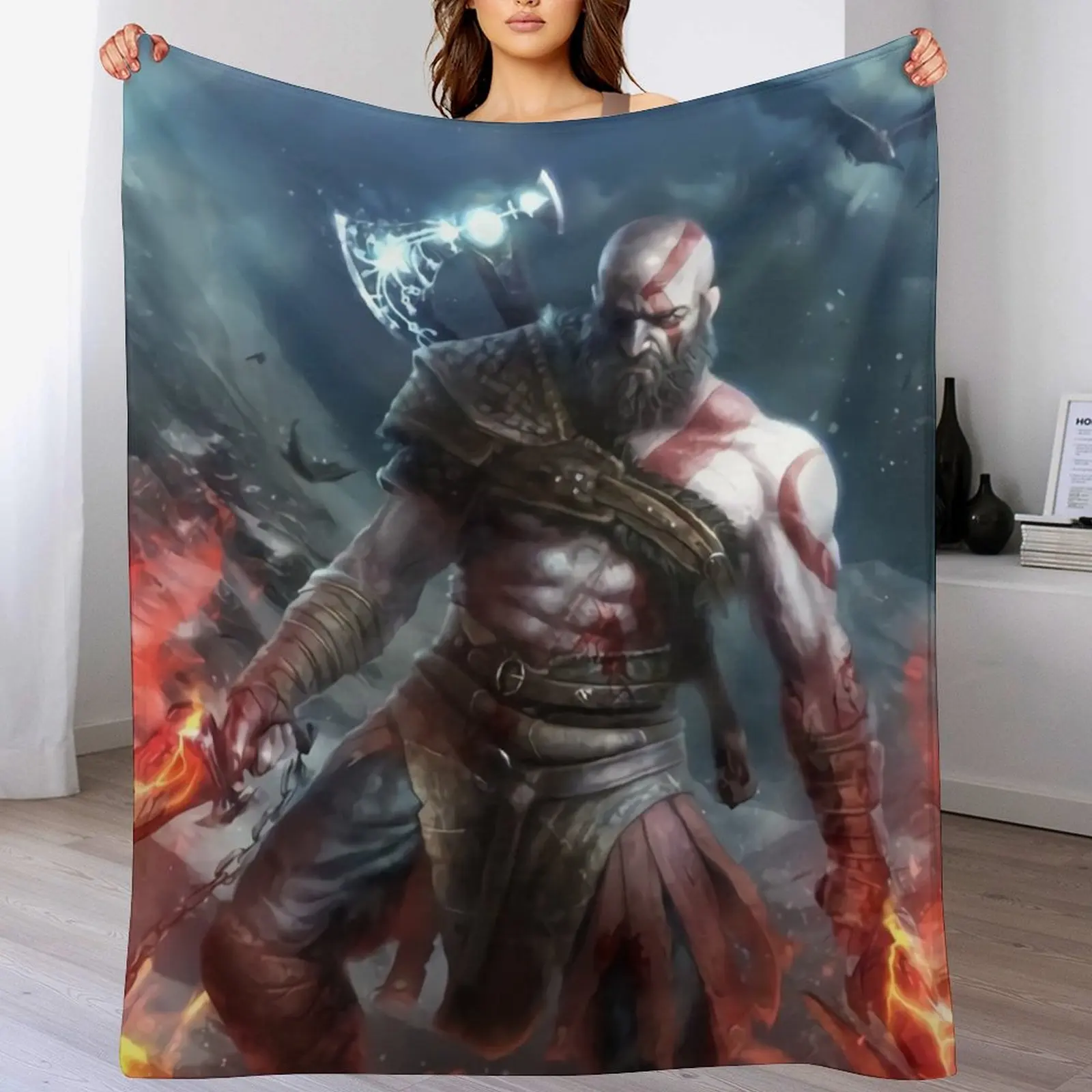 Kratos Fire ax Throw Blanket Picnic wednesday Flannel Fabric Luxury Blankets