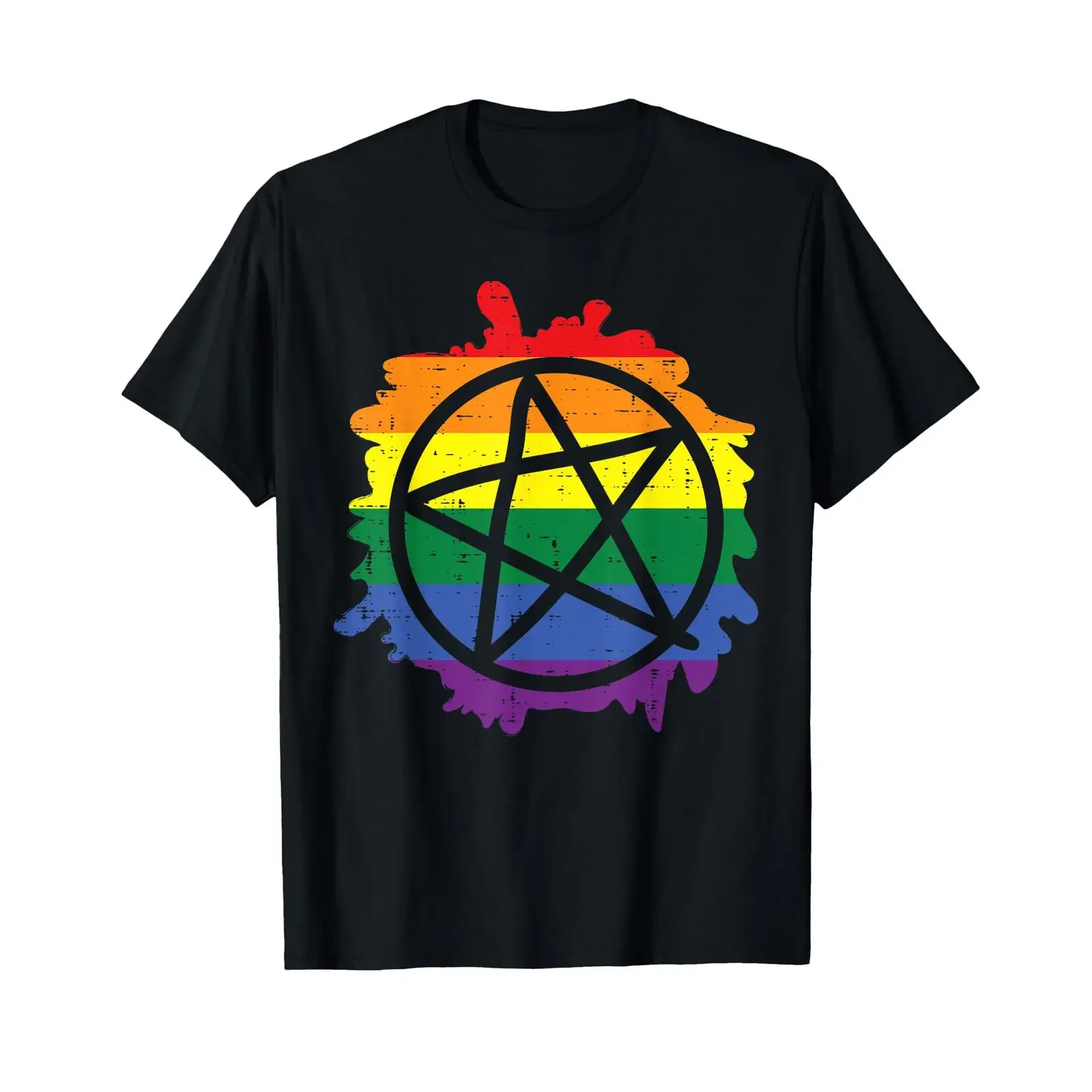 Pentagram Satanic Goth LGBTQ Rainbow Flag Gay Pride Ally T Shirt vintage Washed Comfortable Slightly Top For Everyday Wear
