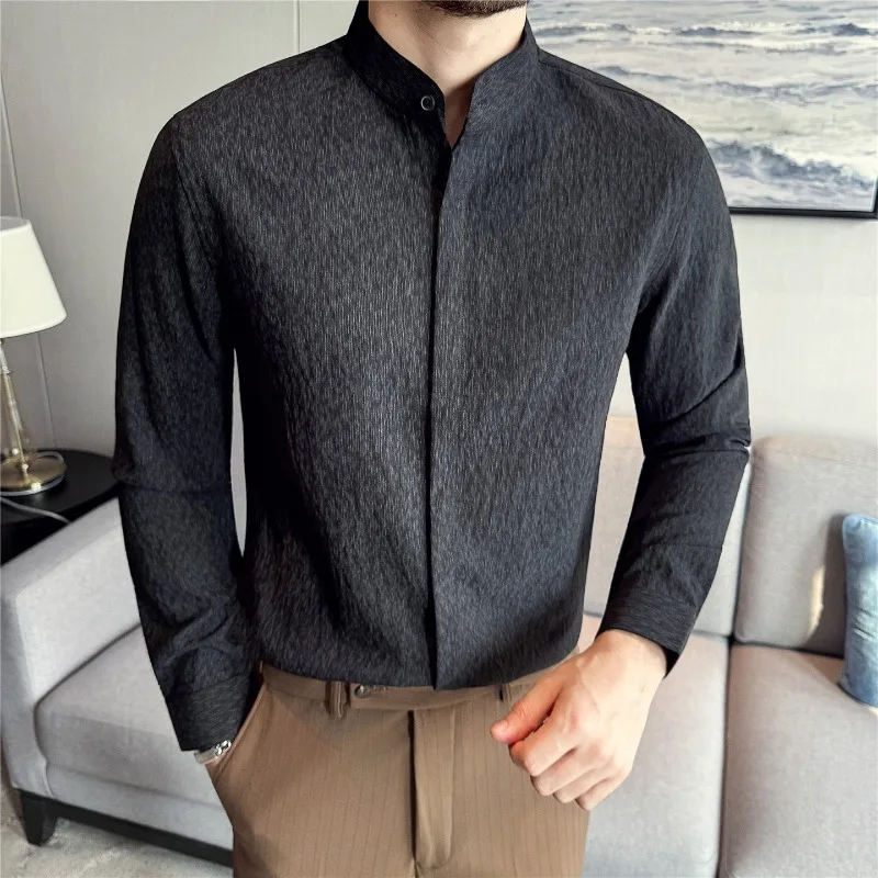 

Мужская классическая рубашка, осенняя рубашка в британском стиле, против морщин, мягкая однотонная повседневная облегающая рубашка с длинными рукавами и воротником-стойкой, мужская одежда