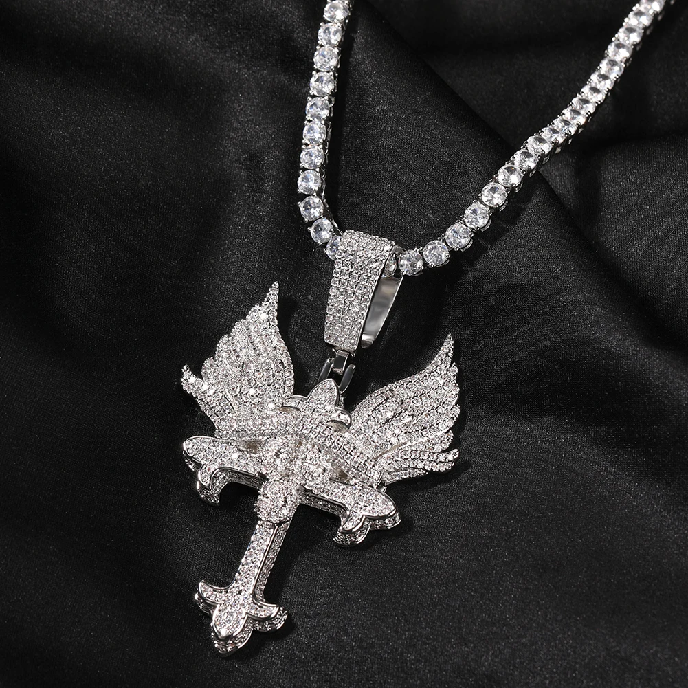 THE BLING KING Born 2 Chaos Pendant Necklace Men's Iced Out Cubic Zirconia Wings Cross Charm CZ Hip Hop Jewelry For Rapper Party