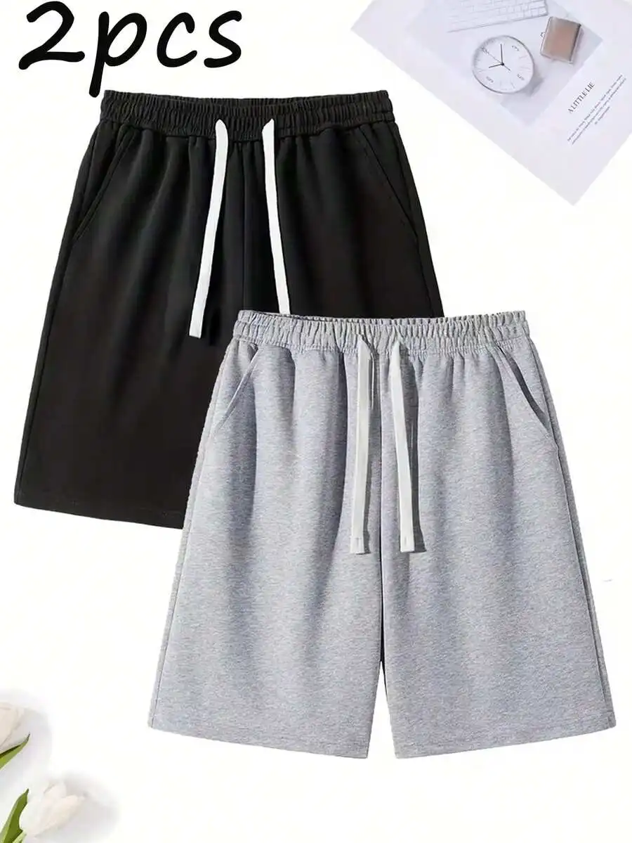 

2pcs Mens Loose Casual Elastic Waist Drawstring Shorts Breathable Summer Beach Shorts