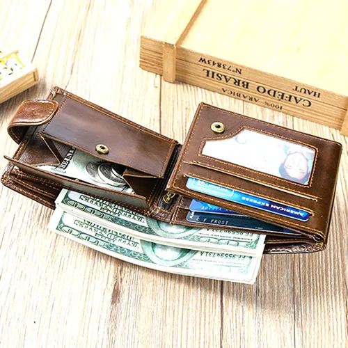 Imagen 2 del producto Cartera de Cuero Genuino para Hombre con Bolsillo para Monedas - Piel de Vaca de Primera Capa con Broche Superior