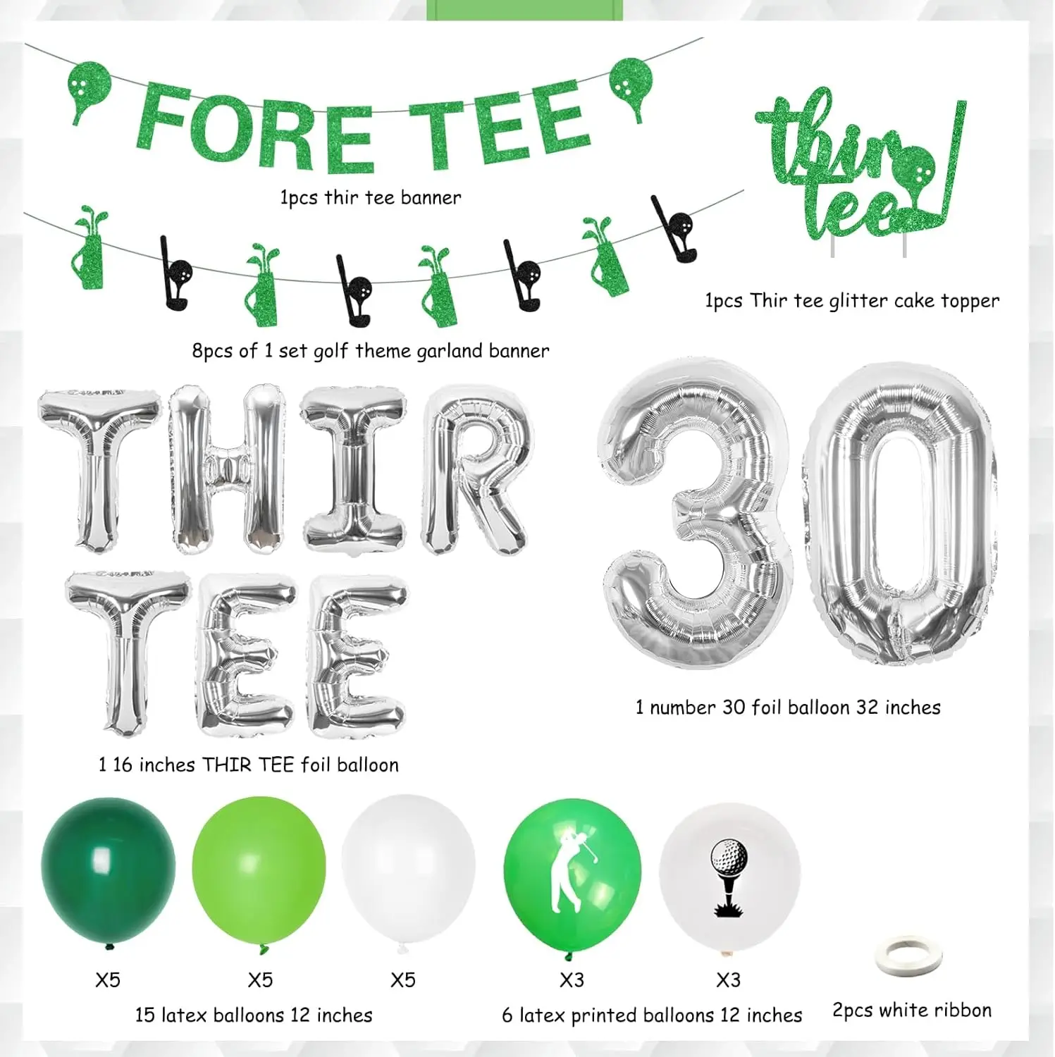 Golf 30th Birthday Decorations for Men Green Balloons Glitter Thir Tee Cake Topper Banner Golf Balloons for Golf Theme Supplies