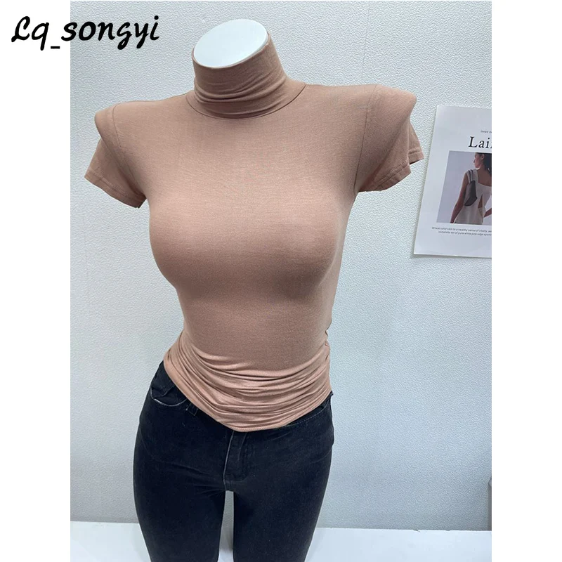 

Lq_songyi Short Sleeve Turtleneck T Shirts Women 2024 New Summer Spring Solid Tops Basic High Strech T Shirt Slim Fit Short Top