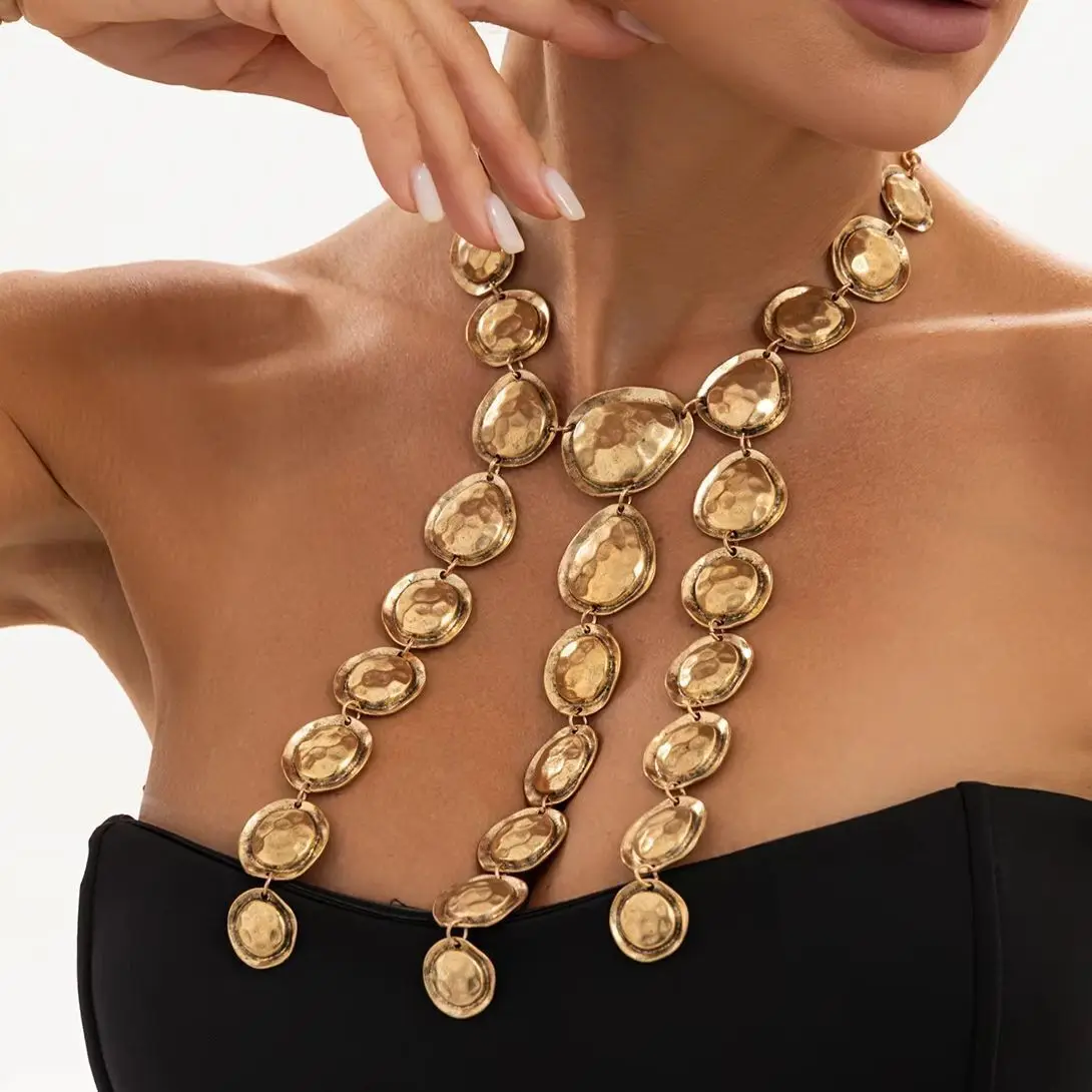 SHIXIN Exaggerated Irregular Oval Texture Metal Piece Tassel Pendant Necklace Women Classic Long Choker Vintage Jewelry Accessor
