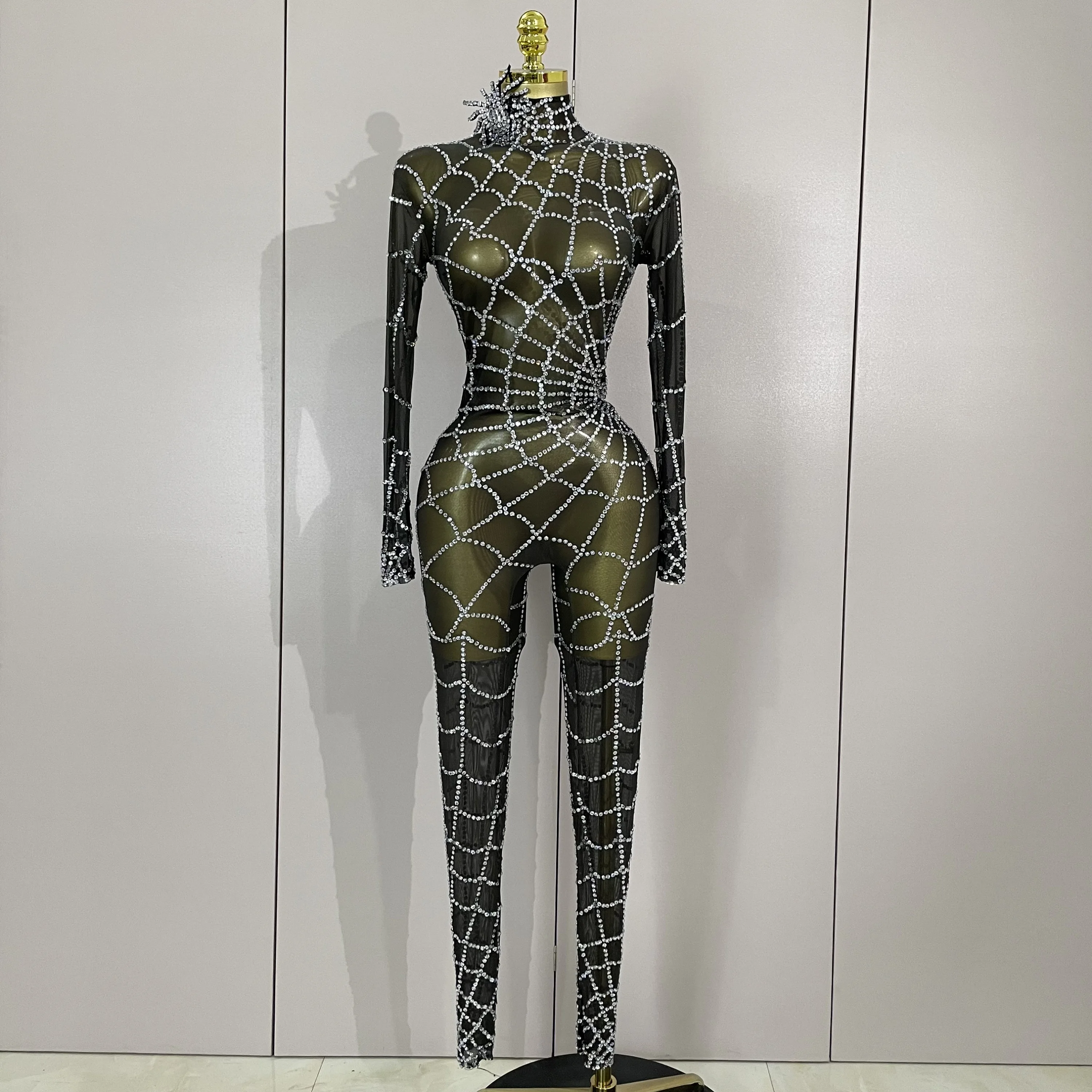 

Sexy Crystal Sheer Black Long Sleeve Bodycon Jumpsuit Women Celebrate Eveing Dancer Nightclub Festival Performance Stage Rompers
