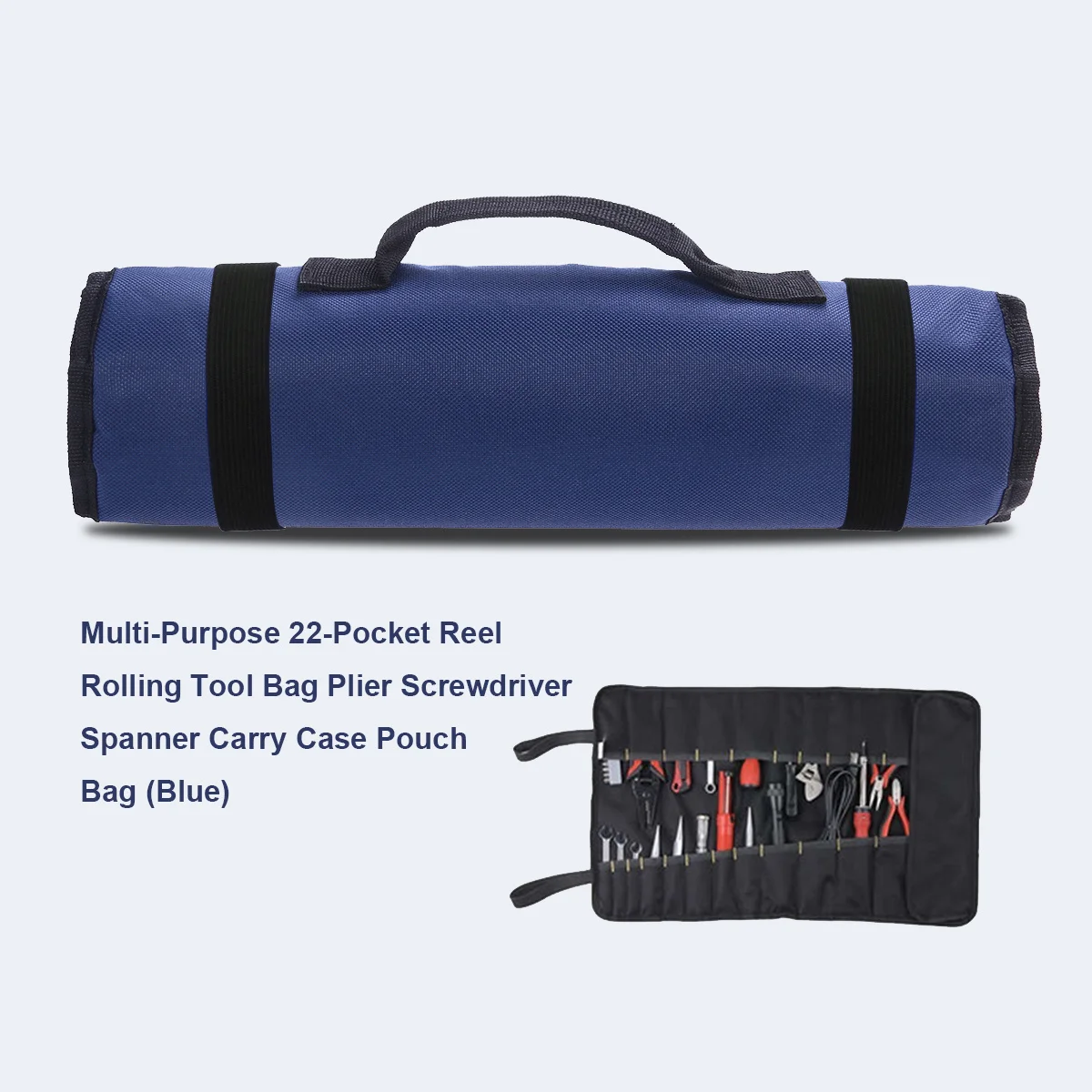 

Roll Up Tool Pouch Organizer 22 Pockets Heavy Duty Portable Tool Bag with Strap Closure Wall Hanging Eyelets Blue Carry Case