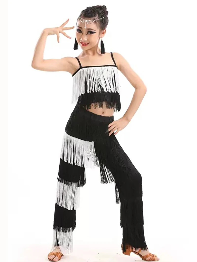 Kids Girls Latin Dance Set Competition Ballroom Party Tassel Dancewear Pants and Top Fringe Latin Jazz Dancing Costumes 10 Color