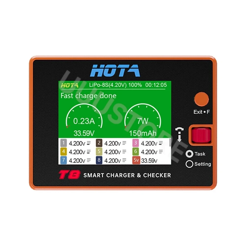 

HOTA T8 650W 22A XT60 1-8S Интеллектуальное зарядное устройство для проверки устройств широкого диапазона NiZn/Nicd/NiMH Battery RC Drone Repes
