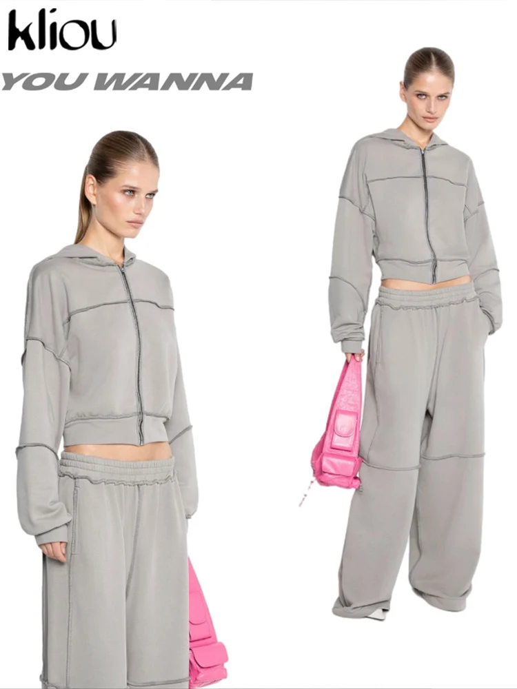 kliou Casual Fall Women 2 Piece Set Classic Solid Sporty Basic Zip-up Hood Coats+Straight Loose Pants Female Matching Tracksuits