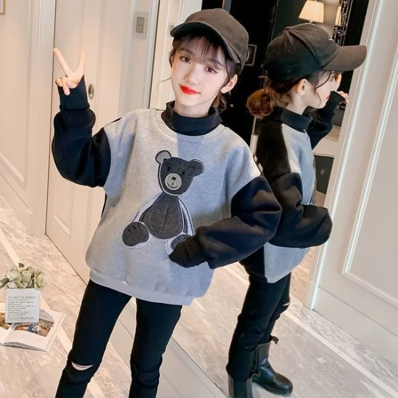 

2025 New Girls' Mid-Big Size Thickened Warm Fleece-Lined Lamb Wool Winter Stylish Versatile Sweatshirt