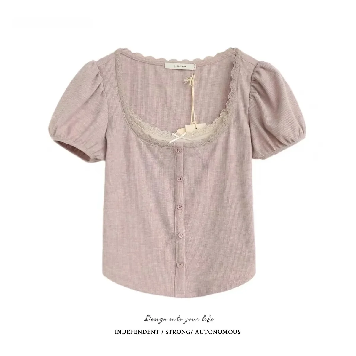 

ort Sve U-Ne T-irt Women's Sle Bubble Sve Lace Trim Bm Wind Pure Desire Summer New Arrival Cotton Blend Fabric