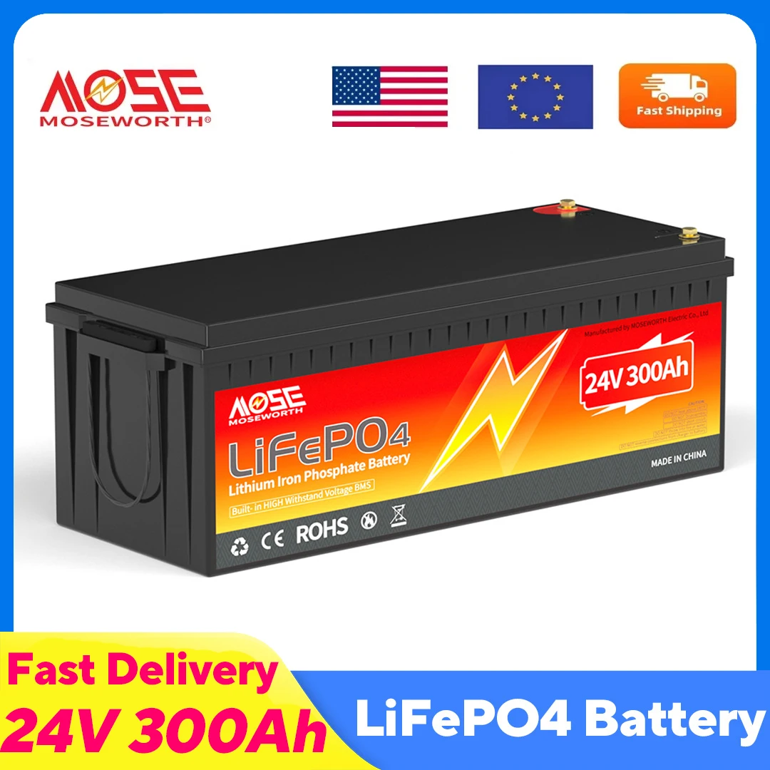 

24V 300AH LiFePO4 Battery 7680Wh Rechargeable Lithium Battery with 200A BMS 15000+ Cycles for RV Marine Backup Power Off-Grid
