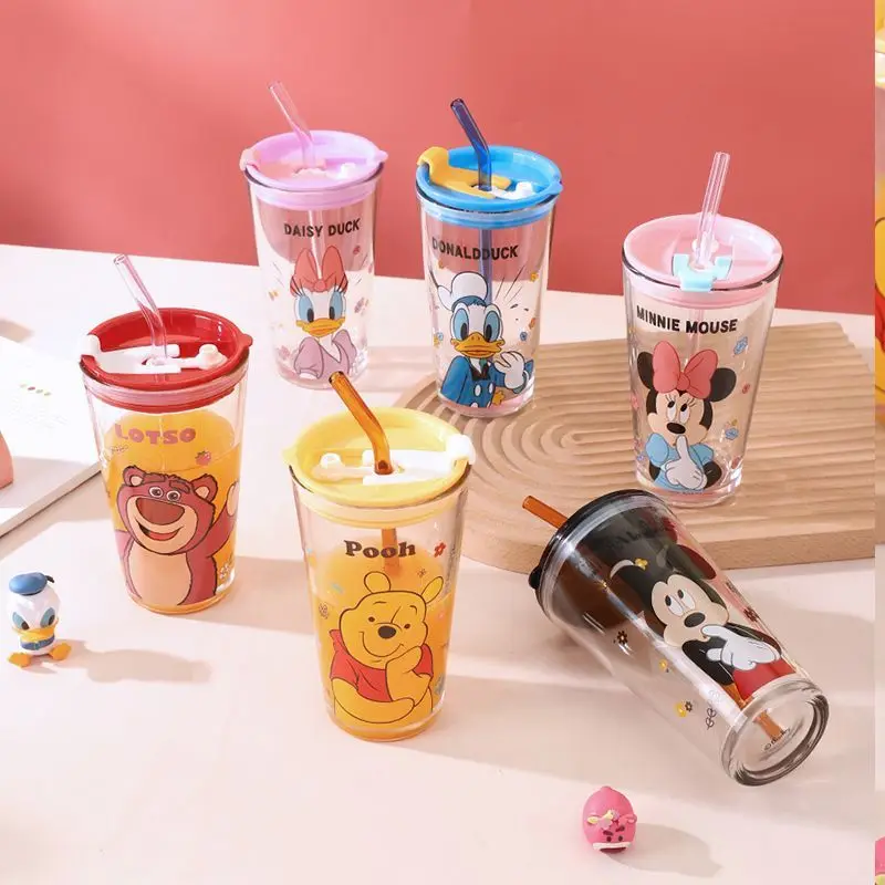 Disney series Winnie the Pooh Lotso Daisy Mickey Minnie Donald Duck cute creative cartoon pattern glass water cup with straw