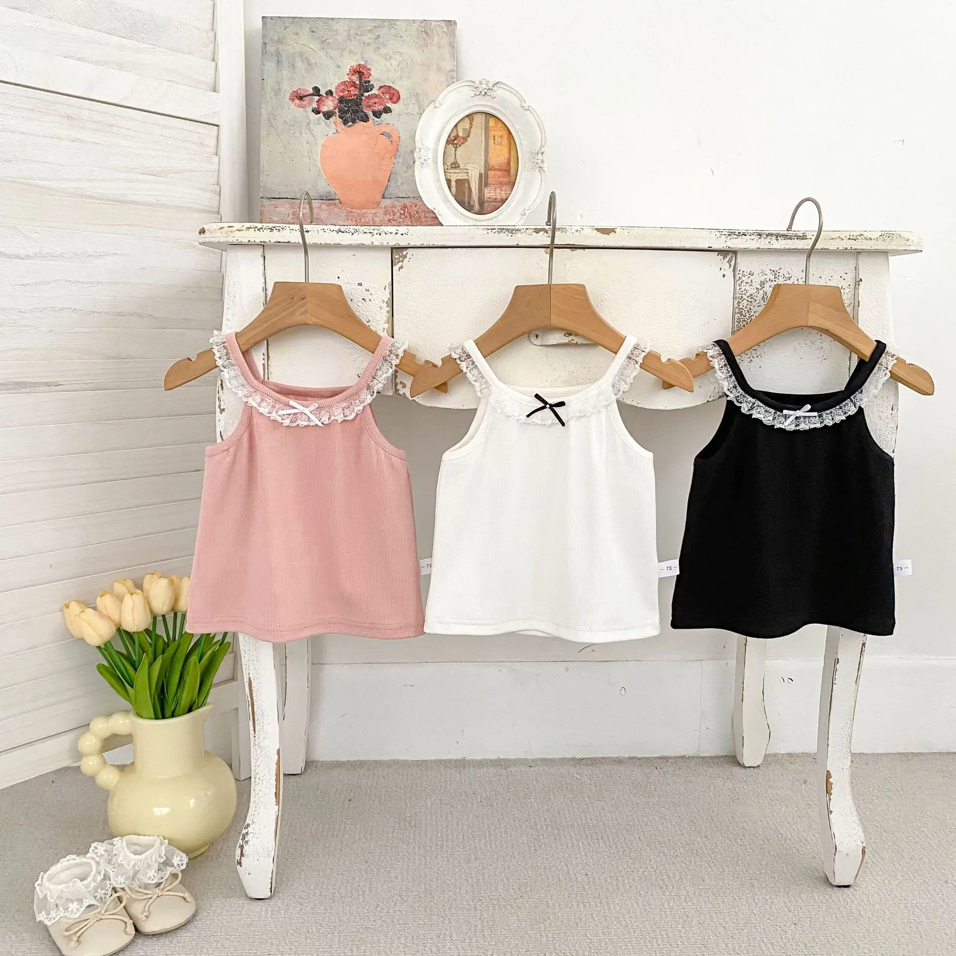 2026 Summer New Girls' Camisole Vest with Lace and Lace Bow, Baby Girl Sleeveless Inner Top
