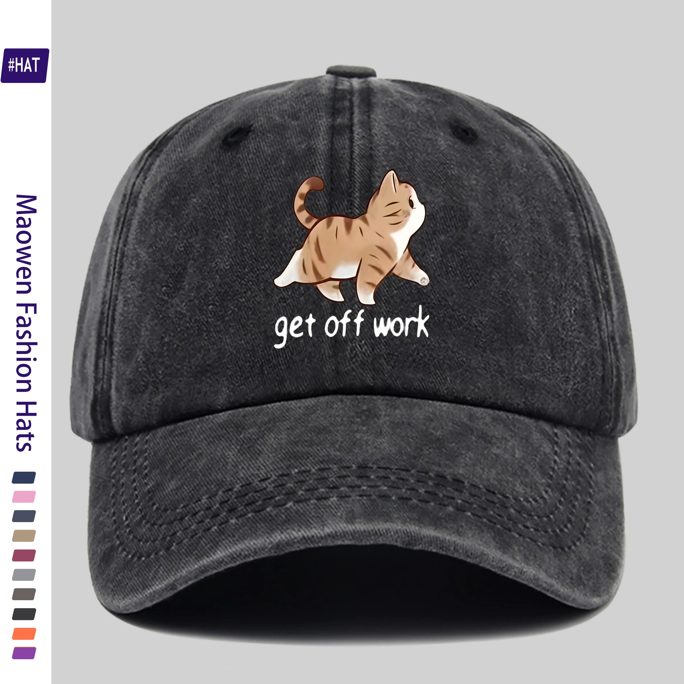 1 Adjustable Unisex Summer Baseball Cap with a Washed Vintage and Distressed Design, Featuring a Cute Cat Print. This Street-Style Skateboard Retro Snapback Hat Is Durable, Comfortable, and Breathable, Making It an Ideal Choice for Dates.